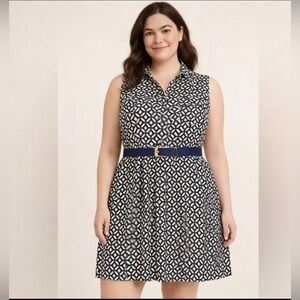 Speed Control New York Women’s 2X Navy & White Geometric Preppy Dress